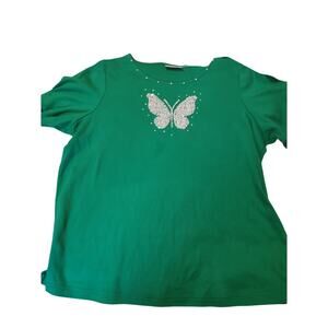 Quacker Factory Green‎ Embellished Butterfly Top L Casual Y2K Style Lightweight